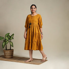 Yellow Tiered Fit & Flare Cotton Green Jacquard Dress