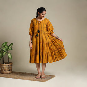 Yellow Tiered Fit & Flare Cotton Green Jacquard Dress