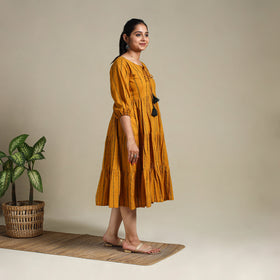 Yellow Tiered Fit & Flare Cotton Green Jacquard Dress
