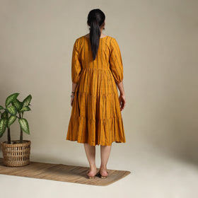 Yellow Tiered Fit & Flare Cotton Green Jacquard Dress