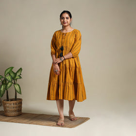 Yellow Tiered Fit & Flare Cotton Green Jacquard Dress