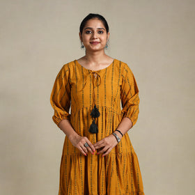 Yellow Tiered Fit & Flare Cotton Green Jacquard Dress