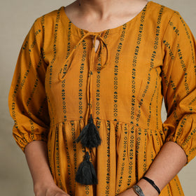 Yellow Tiered Fit & Flare Cotton Green Jacquard Dress