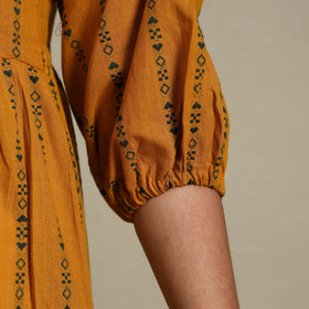 Yellow Tiered Fit & Flare Cotton Green Jacquard Dress