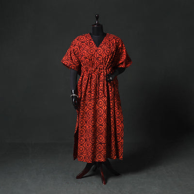 Red - Hand Block Batik Print Cotton Kaftan (Long) 14