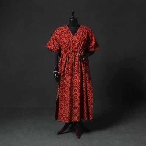 Red - Hand Block Batik Print Cotton Kaftan (Long) 14