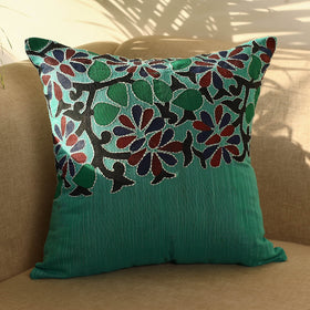  Green Bengal Kantha Work Reversible Silk Cushion Cover