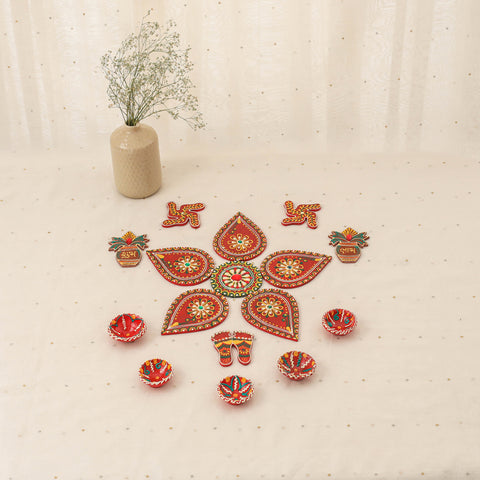 Diwali decor handpainted wooden rangoli set 10 - handcrafted