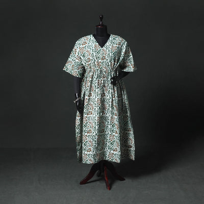 Green - Hand Block Batik Print Cotton Kaftan (Long) 17