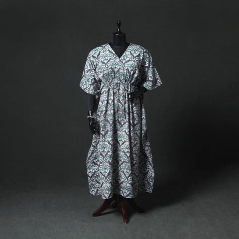 Green - Hand Block Batik Print Cotton Kaftan (Long) 18