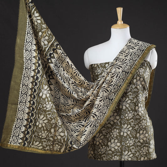 Green - 3pc Bagru Block Printed Chanderi Silk Suit Material Set