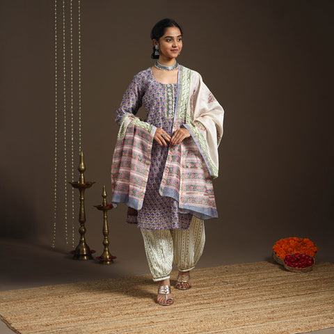 Purple - gota work chanderi silk sanganeri kurta set (set