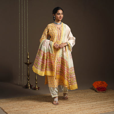 Yellow - gota work chanderi silk sanganeri kurta set (set