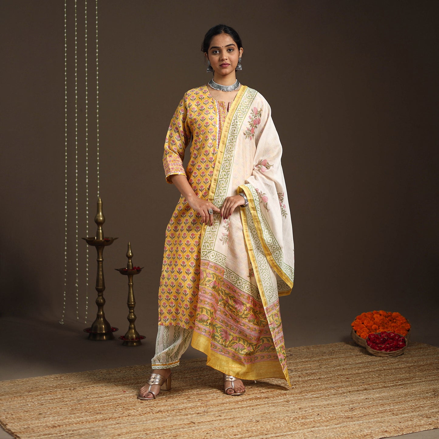 Yellow - gota work chanderi silk sanganeri kurta set (set