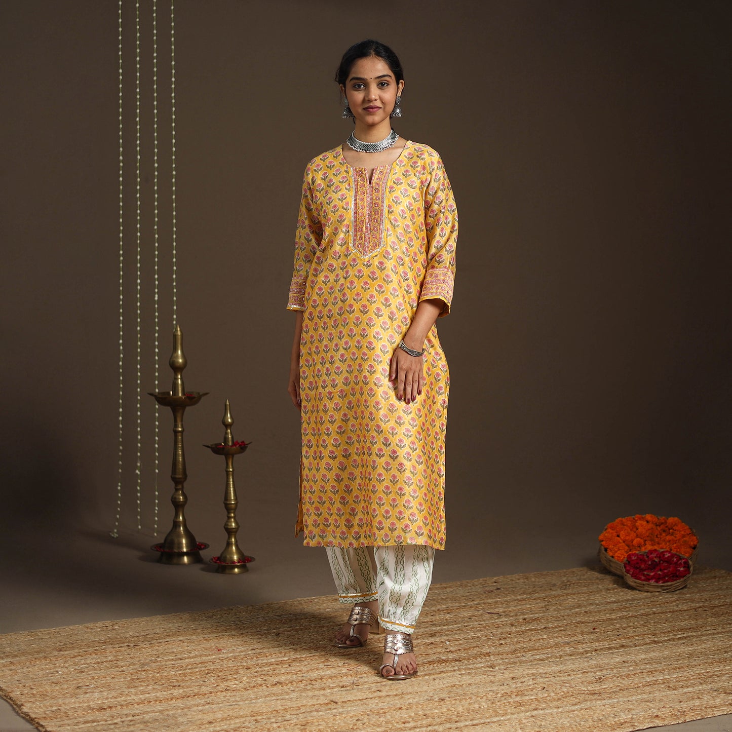Yellow - gota work chanderi silk sanganeri kurta set (set