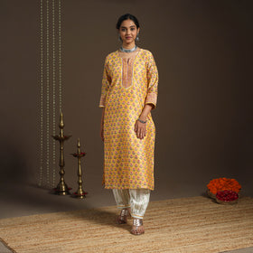 Yellow - gota work chanderi silk sanganeri kurta set (set