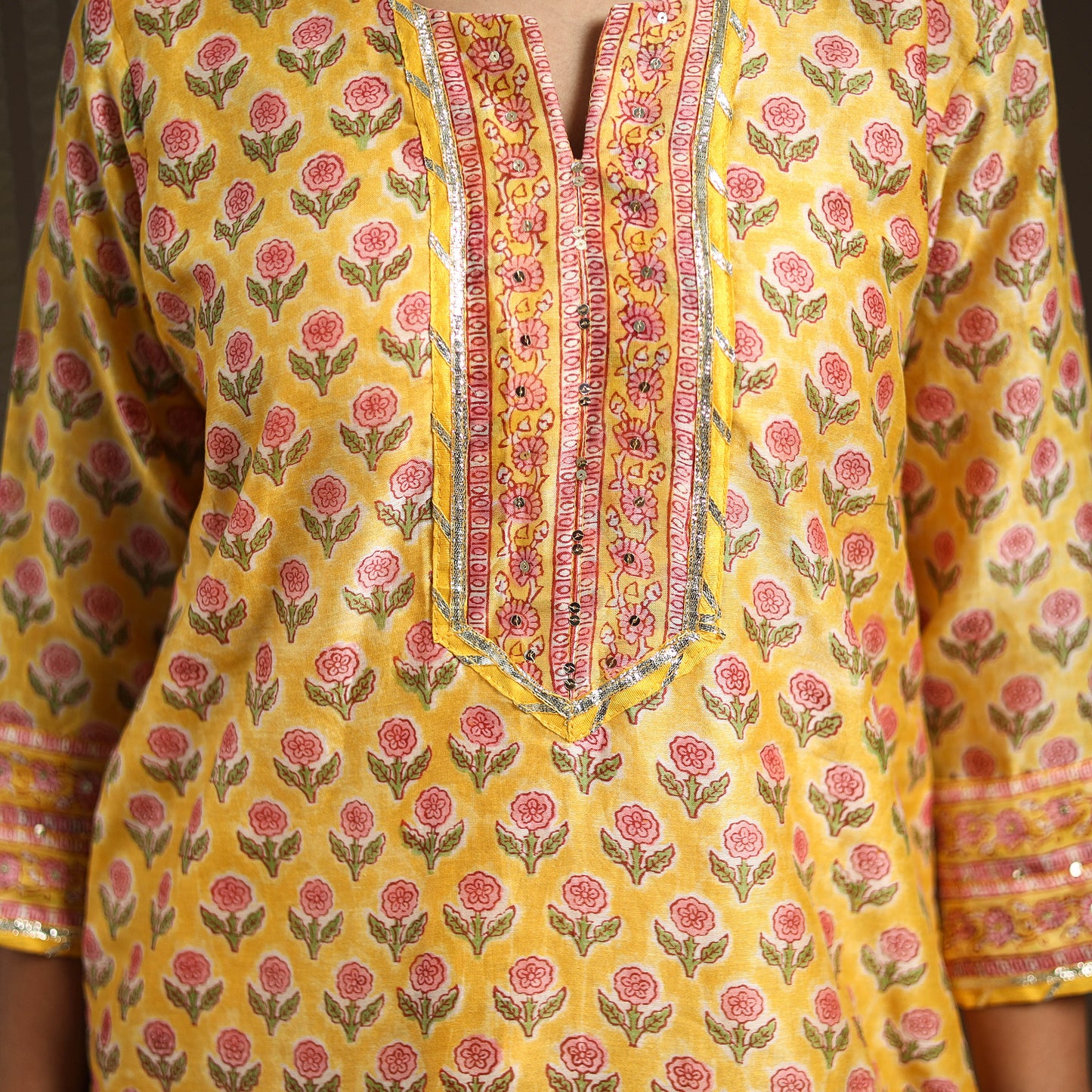 Yellow - gota work chanderi silk sanganeri kurta set (set