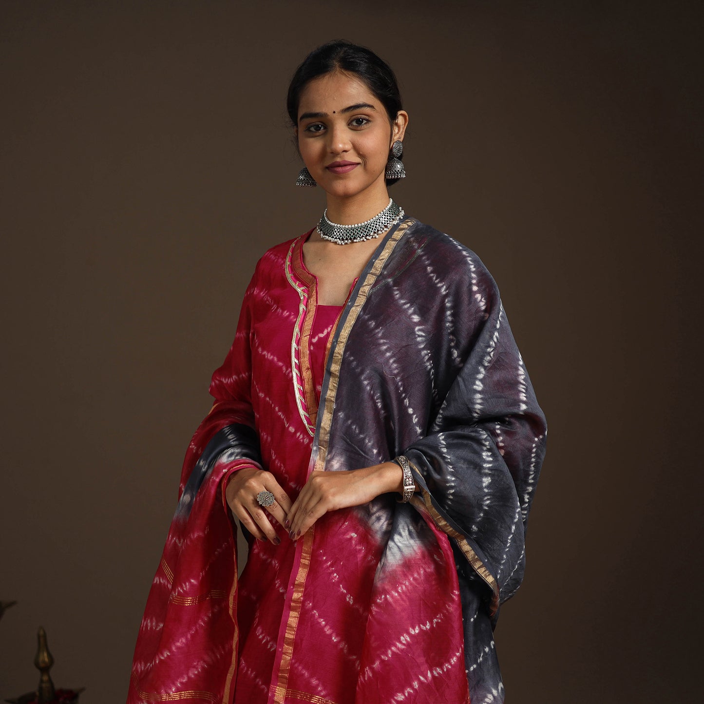 Pink - gota work chanderi silk shibori kurta set (set of 3)