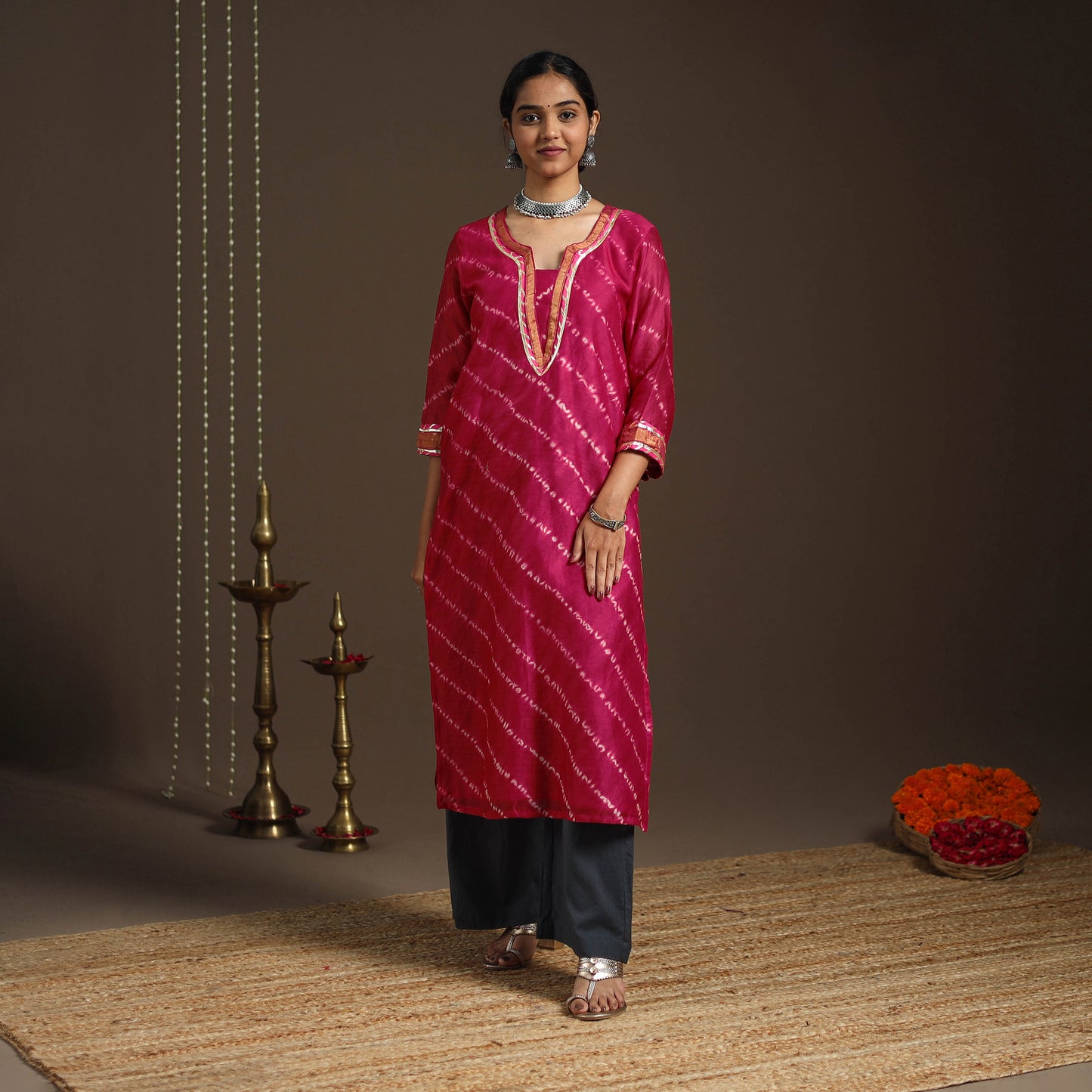 Pink - gota work chanderi silk shibori kurta set (set of 3)