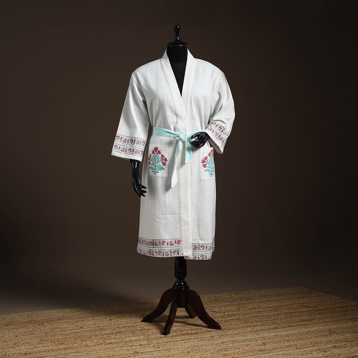 White - Sanganeri Block Print Waffle Weave Handwoven Bath Robe 13