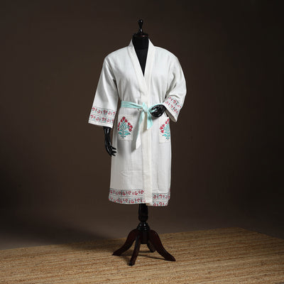 White - Sanganeri Block Print Waffle Weave Handwoven Bath Robe 13