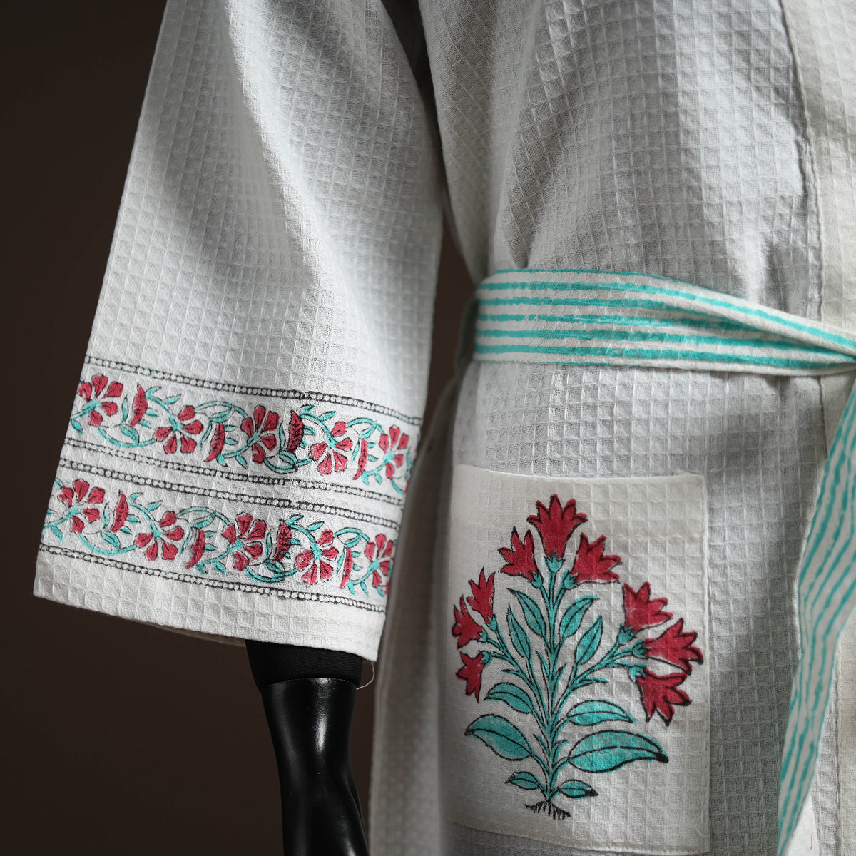White - Sanganeri Block Print Waffle Weave Handwoven Bath Robe 13