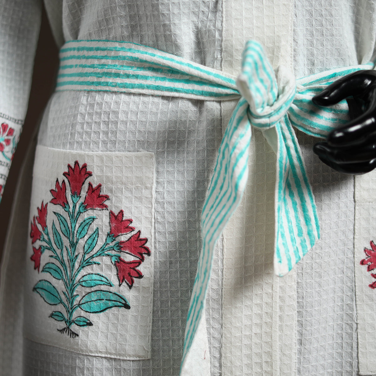 White - Sanganeri Block Print Waffle Weave Handwoven Bath Robe 13