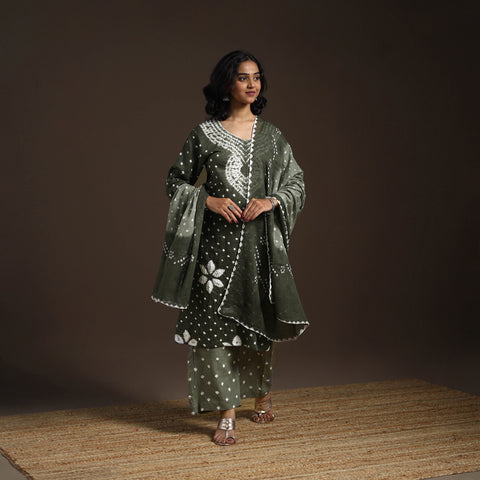 Grey - tie-dye cotton bandhani kurta set (set of 3) 05