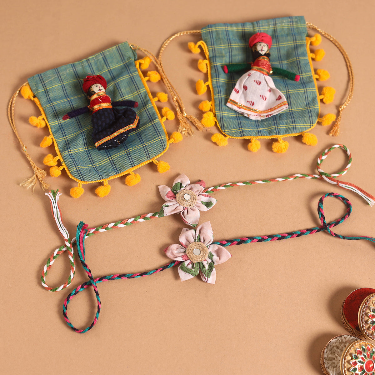 Buy Handmade Fabric Flower Jute Rakhi (Set of 2) – iTokri आई.टोकरी