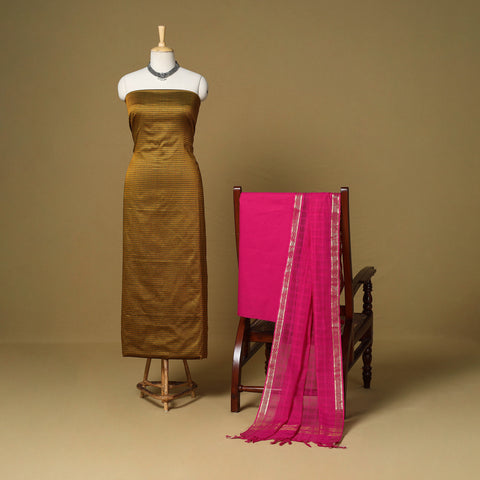 Brown - 3pc karnataka weave cotton unstitched khun dress