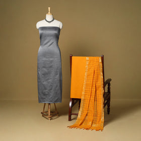 Grey - 3pc karnataka weave cotton unstitched khun dress