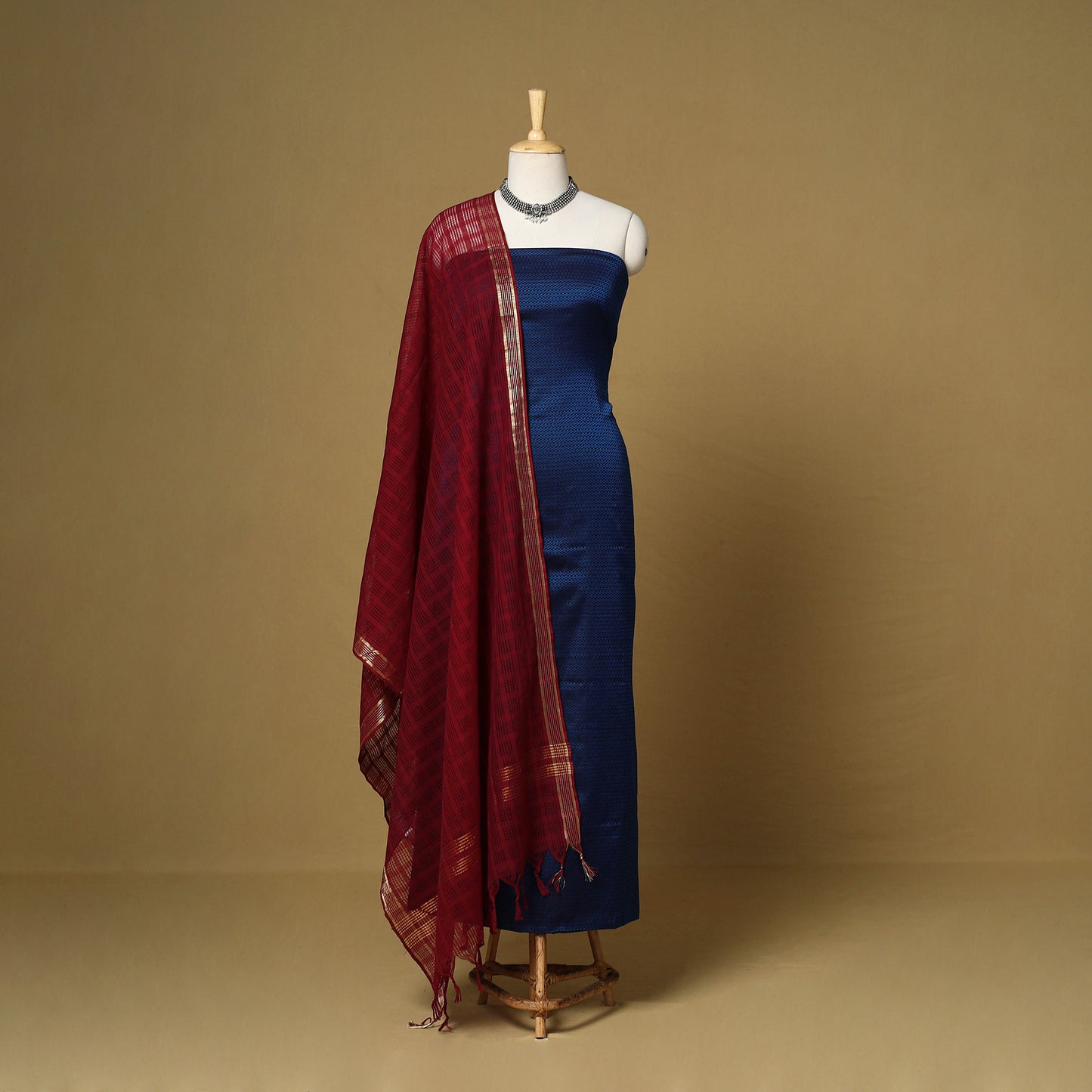 Blue - 3pc karnataka weave cotton unstitched khun dress