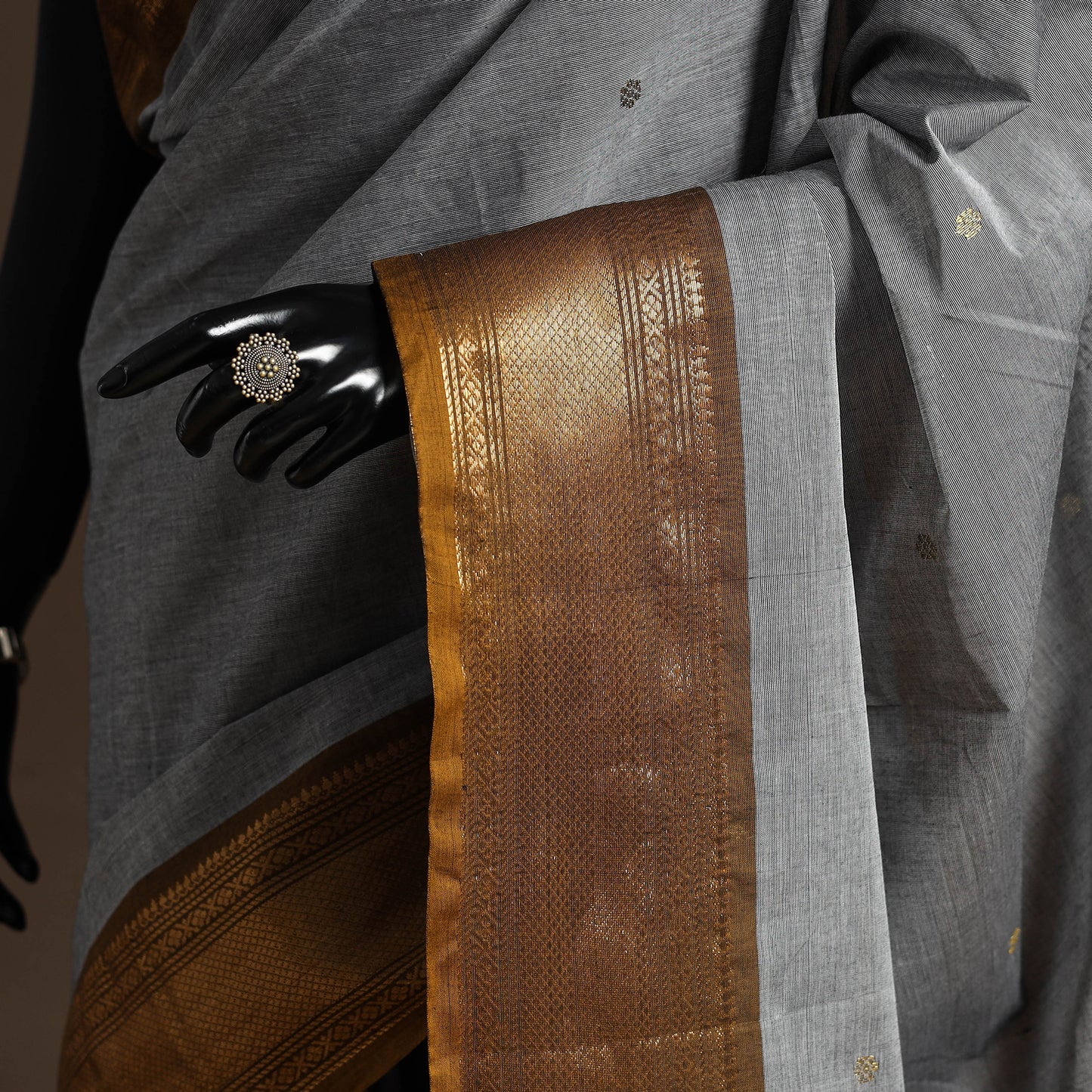 Grey Kandangi Chettinad Cotton Saree with Zari Border