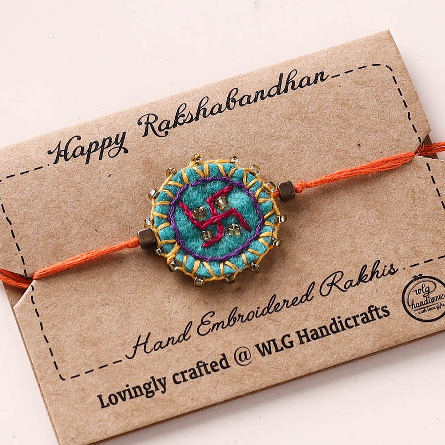 Swastika - Hand Embroidered Felt & Bead Work Rakhi 09