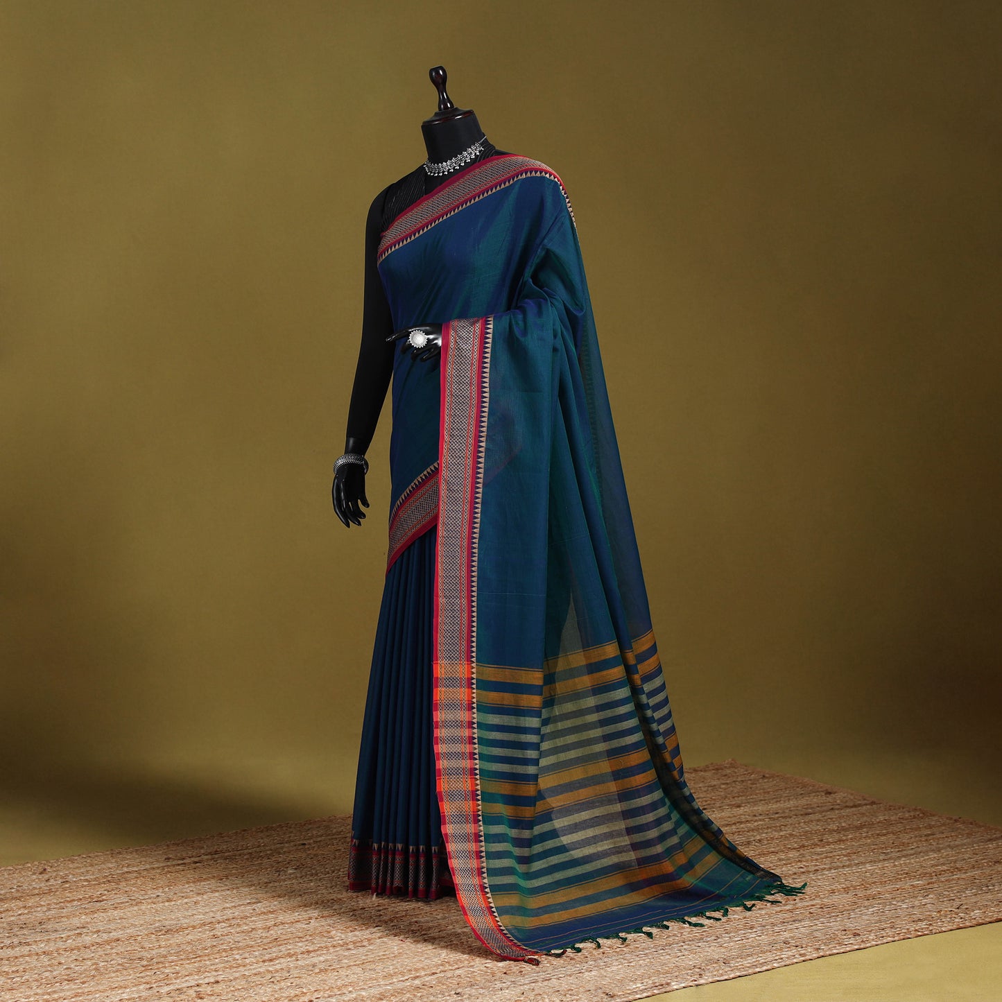 Blue - dharwad cotton saree with border 09 - handcrafted