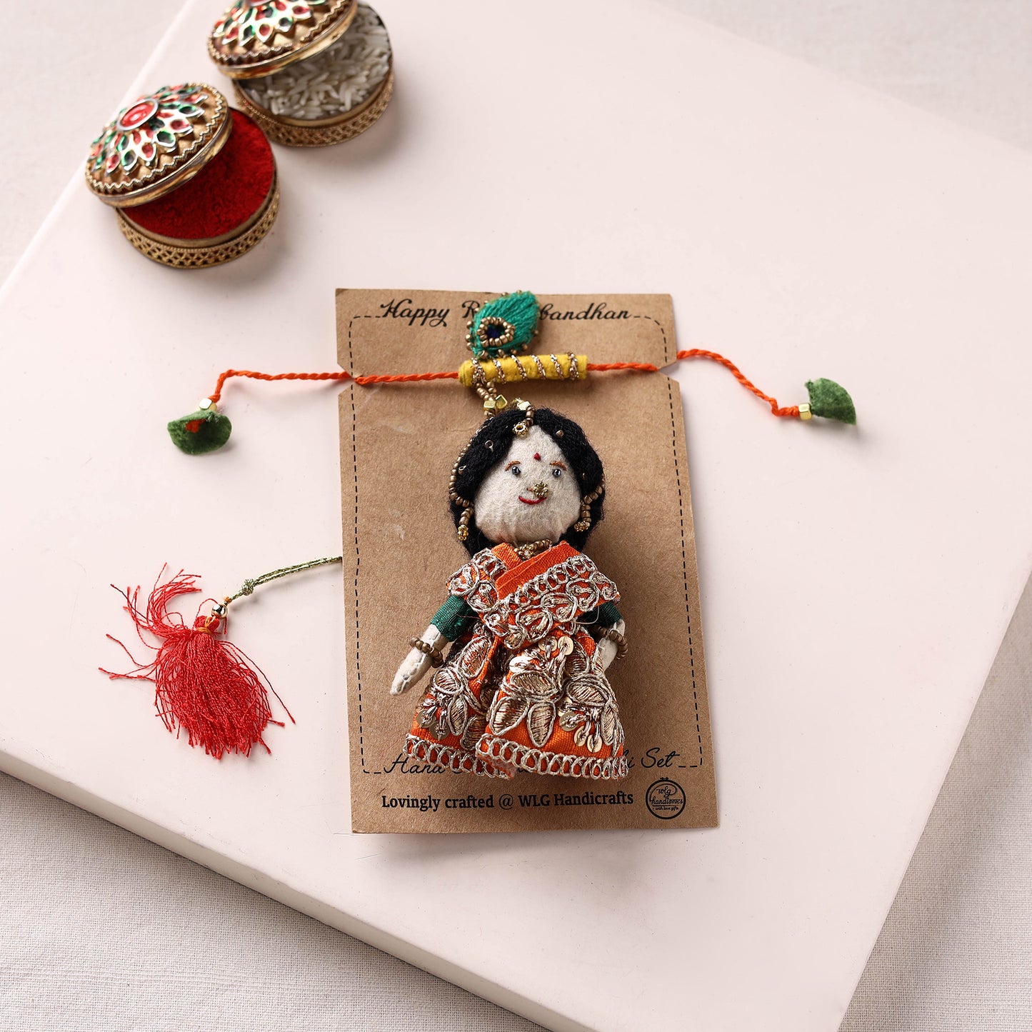 Radha Krishna Bansuri - Hand Embroidered Felt Work Rakhi & Lumba Set 42