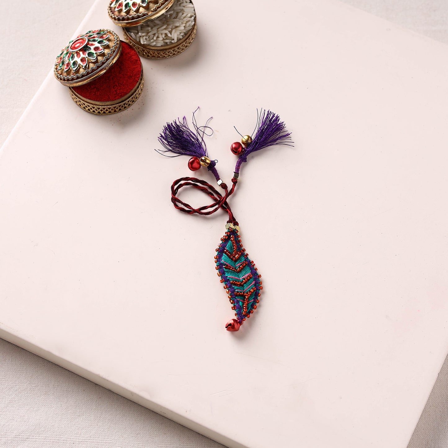 Leaf Ornament - Hand Embroidered Felt & Bead Work Rakhi 62