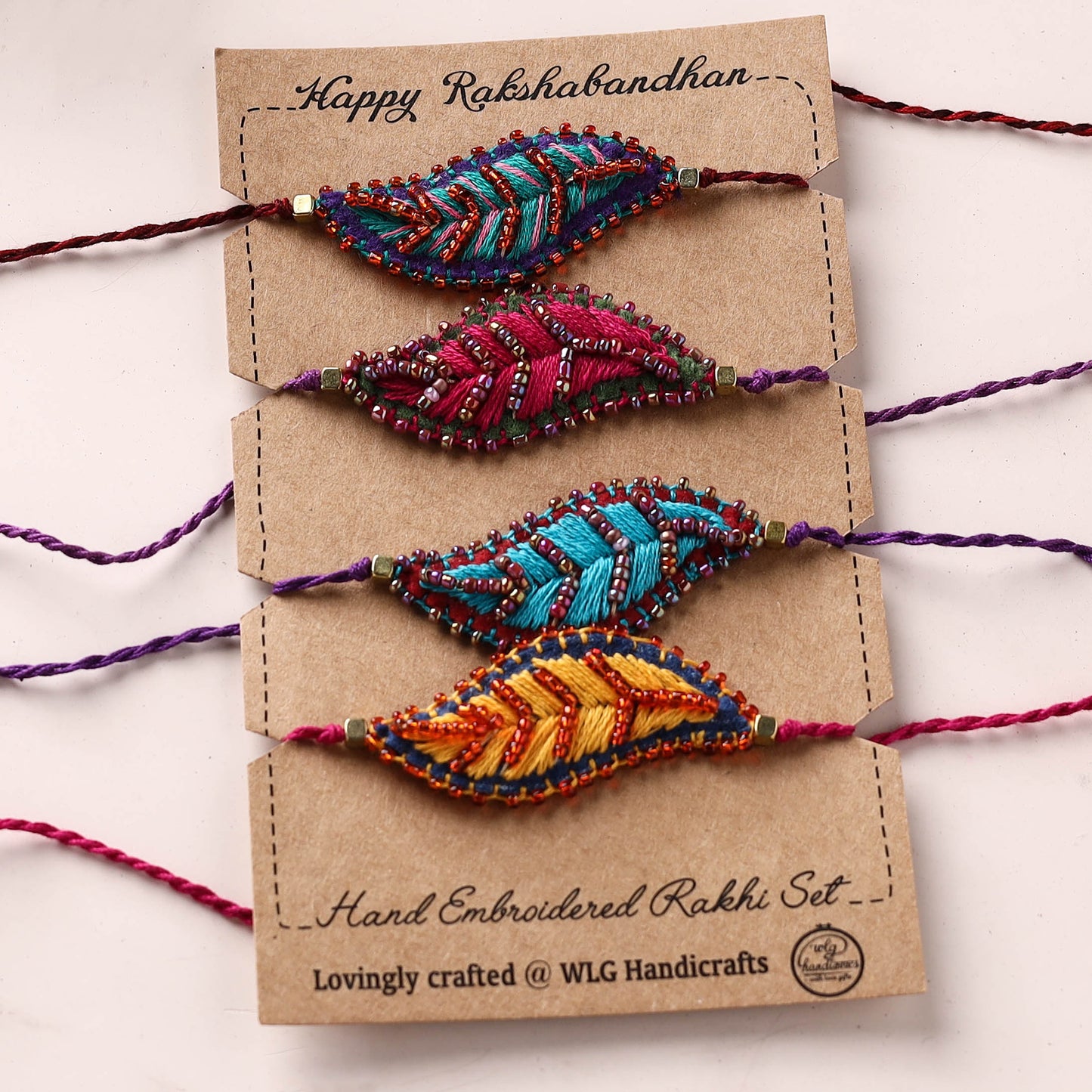 Leaf Ornament - Hand Embroidered Bead Work Felt Rakhi (Set of 4) 64