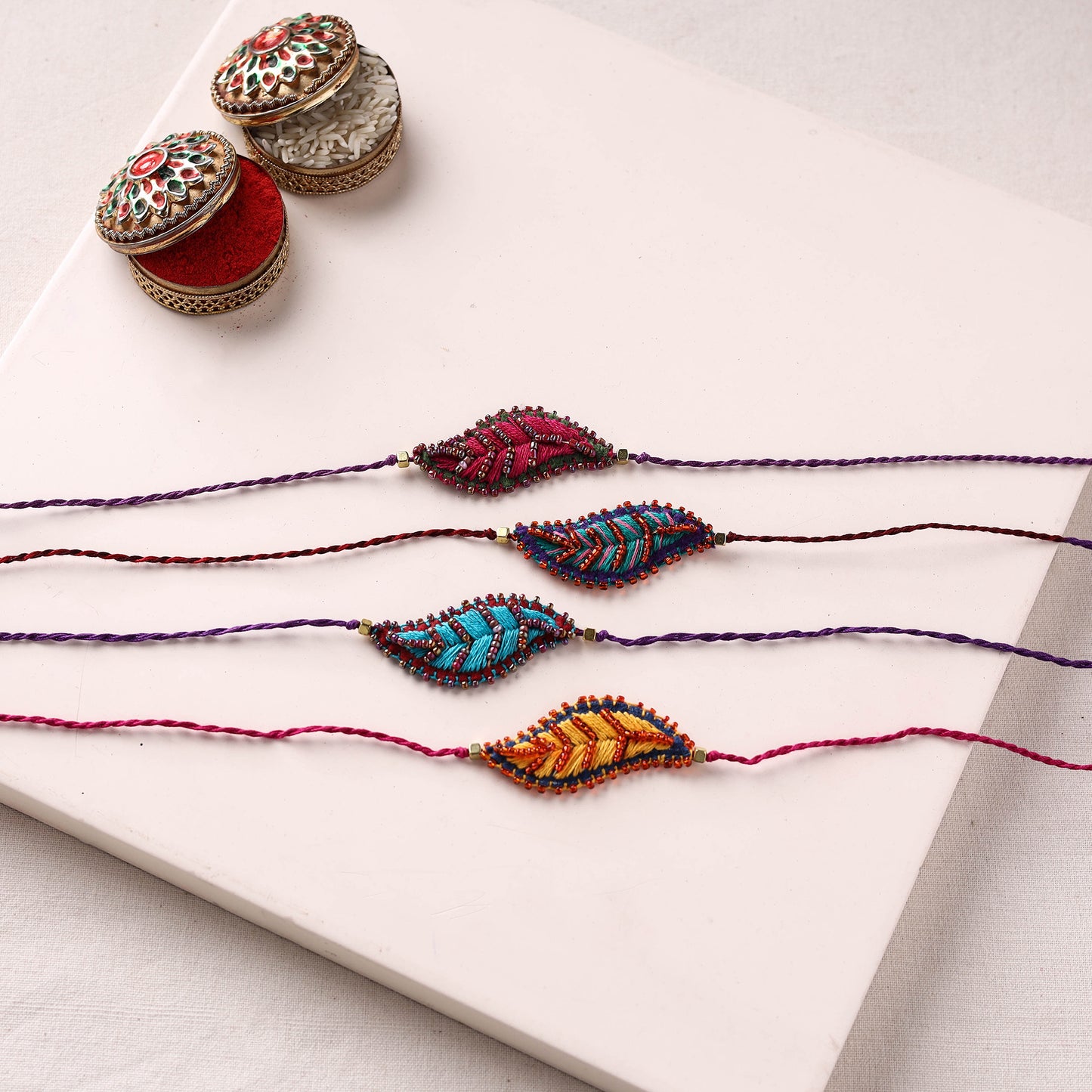 Leaf Ornament - Hand Embroidered Bead Work Felt Rakhi (Set of 4) 64