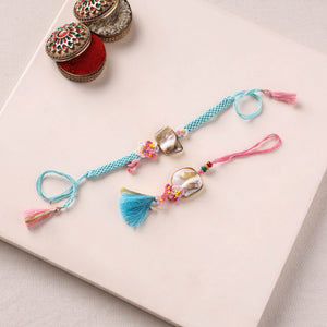 Handmade Crochet Mother of Pearl Shell Rakhi with Lumba Set 01