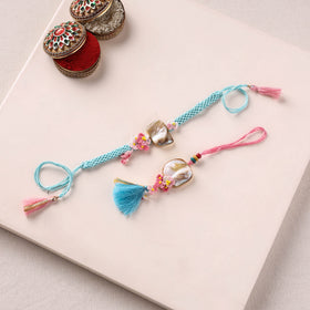 Handmade Crochet Mother of Pearl Shell Rakhi with Lumba Set 01