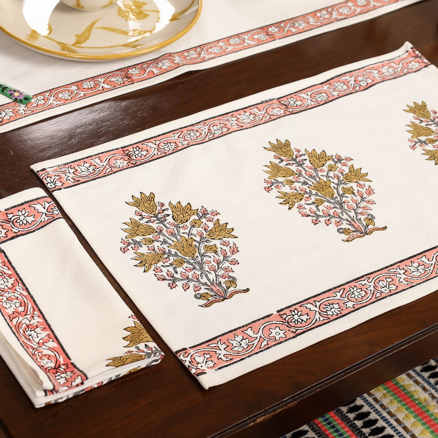 Sanganeri Block Printed Cotton Dining Table Runner, Mats (Set of 6) & Napkins (Set of 6)
