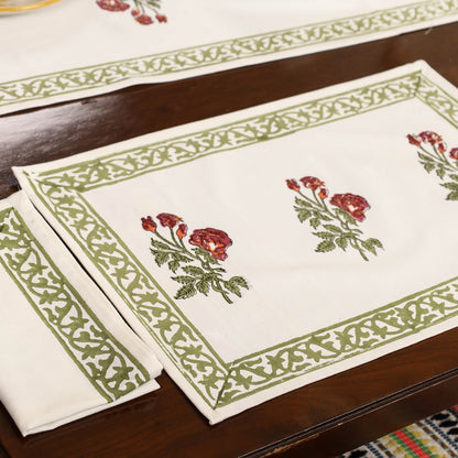 Sanganeri Block Printed Cotton Dining Table Runner, Mats (Set of 6) & Napkins (Set of 6)