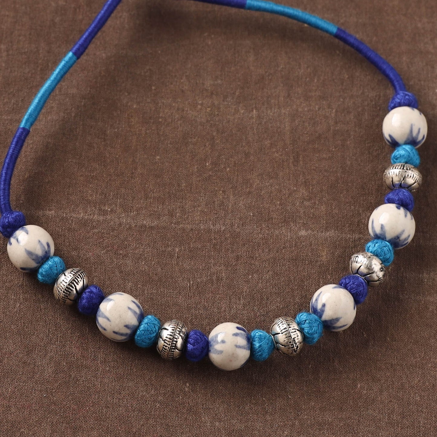 Patwa Threadwork Blue Pottery Beaded Necklace by Kailash Patwa 09