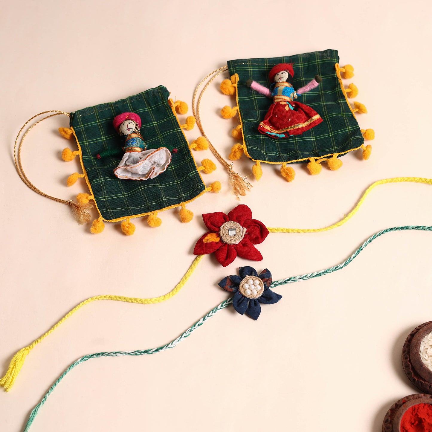  Handmade Fabric Flower Rakhi (Set of 2)