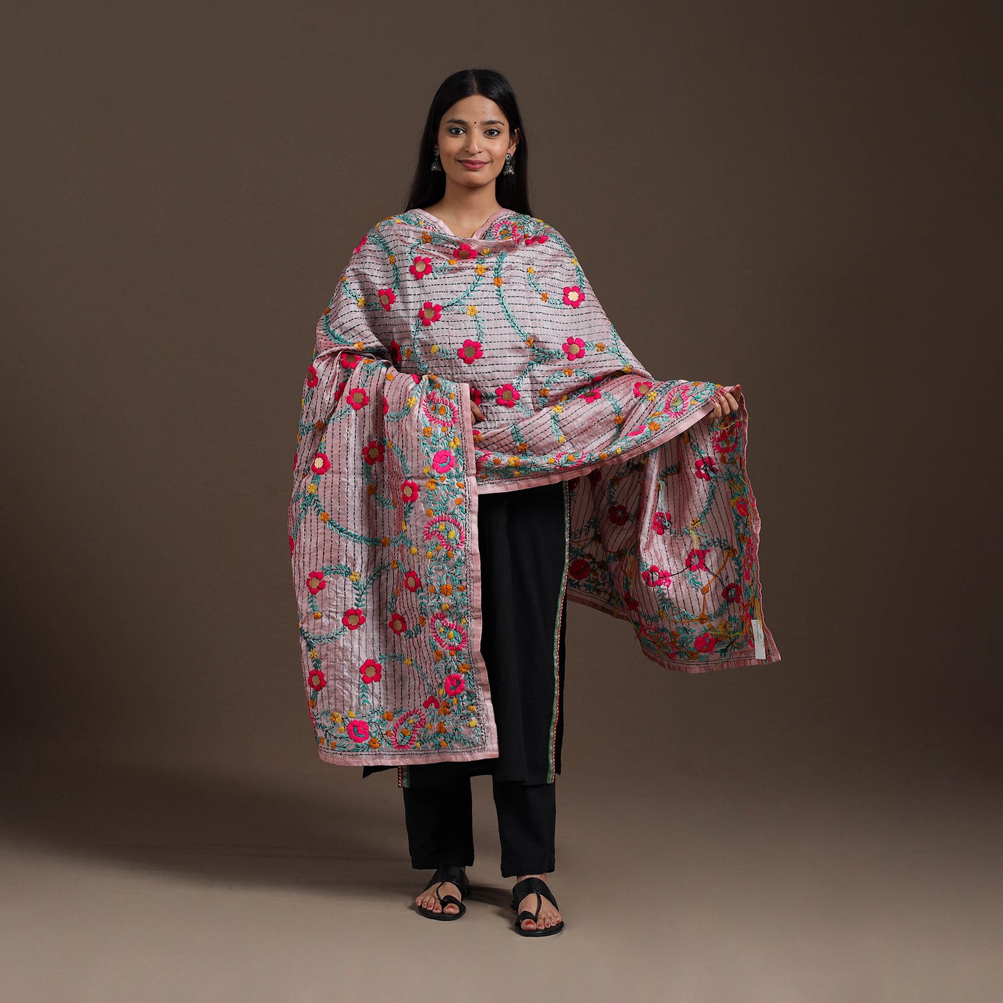 Pink - ranihati chanderi silk hand embroidery dupatta 28