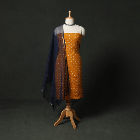 Kutch Bandhani Tie-Dye Cotton 2pc Unstitched Dress Material Kurta Set with Earrings 10