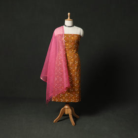 Kutch Bandhani Tie-Dye Cotton 2pc Unstitched Dress Material Kurta Set with Earrings 13