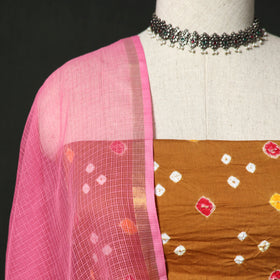 Kutch Bandhani Tie-Dye Cotton 2pc Unstitched Dress Material Kurta Set with Earrings 13