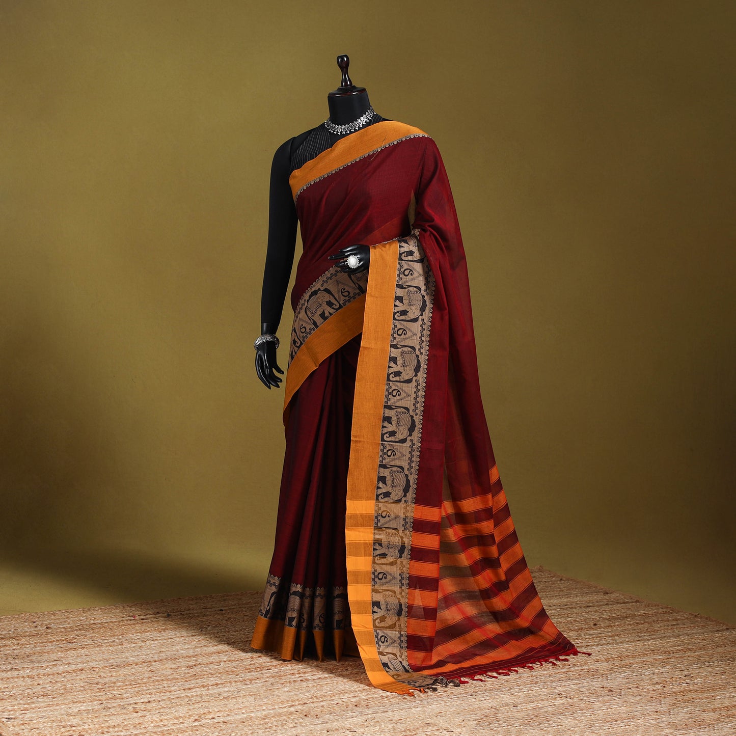 Maroon - dharwad cotton saree with border 65 - handcrafted